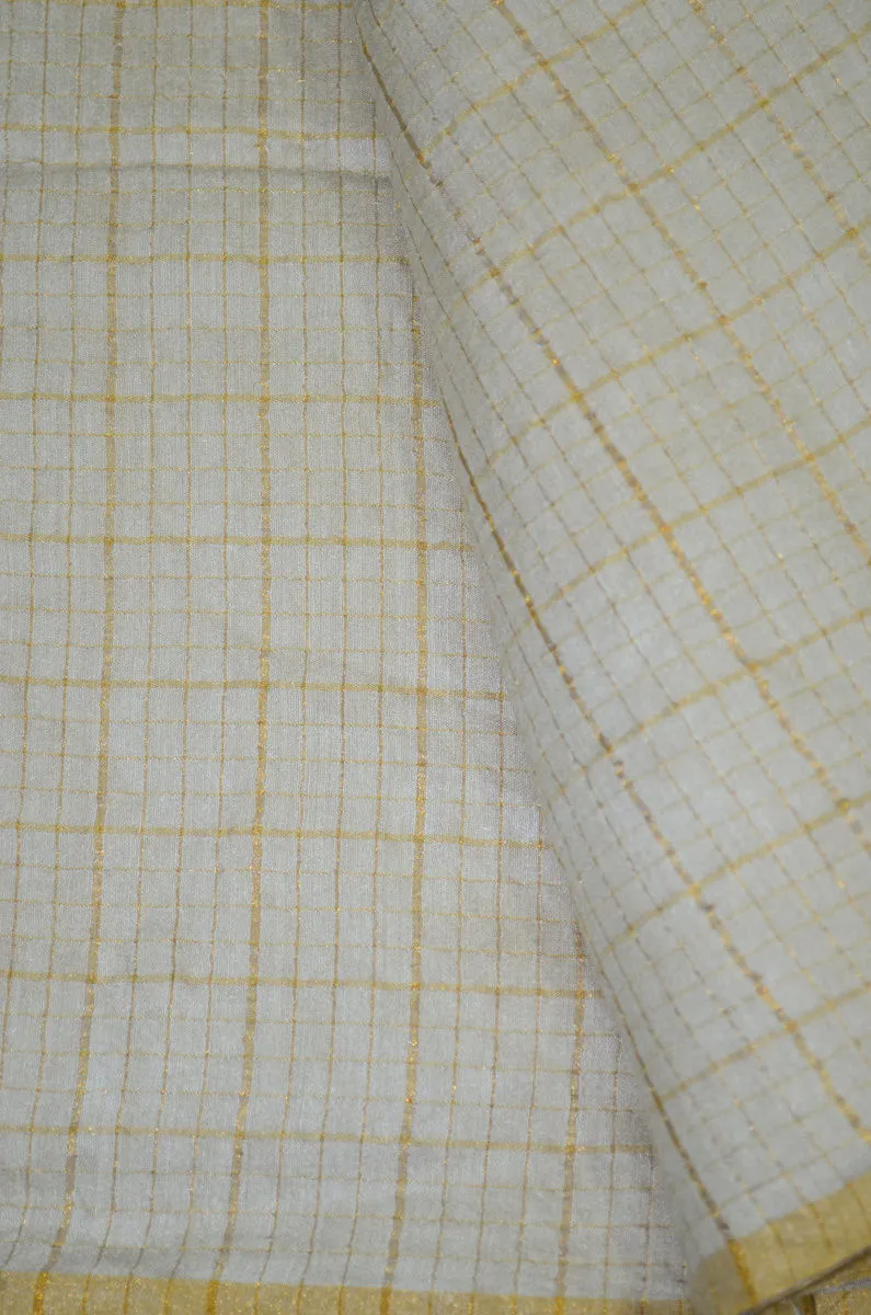 100% Pure Muga Tussar Handloom Checkered Silk Fabric