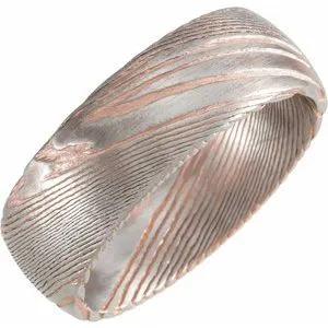 18K Rose Gold PVD Damascus Steel Patterned Half Round Band STST52084 - 4 mm - 6 mm