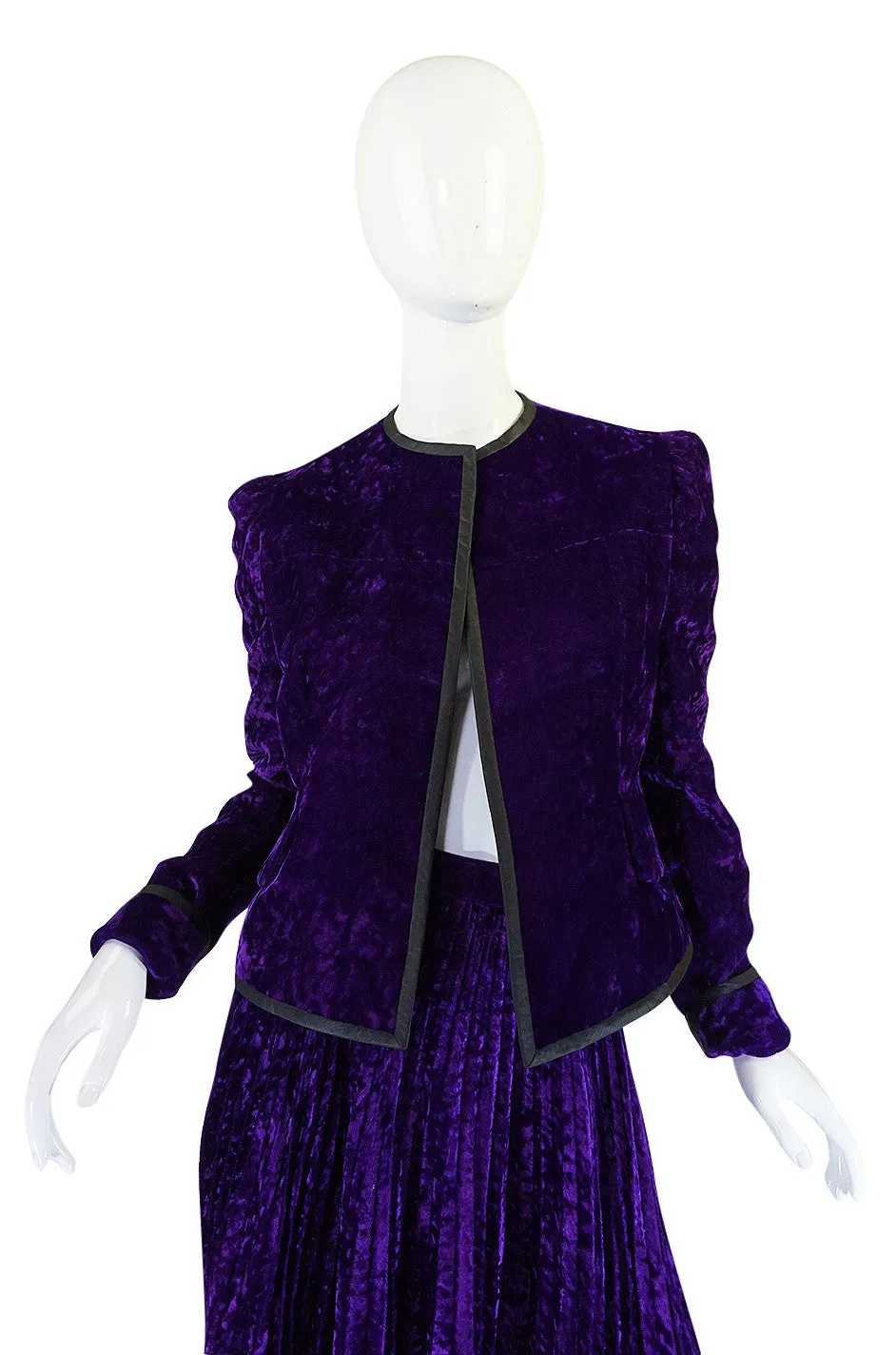 1970s Adolfo Purple Velvet Jacket & Pleated Skirt Suit