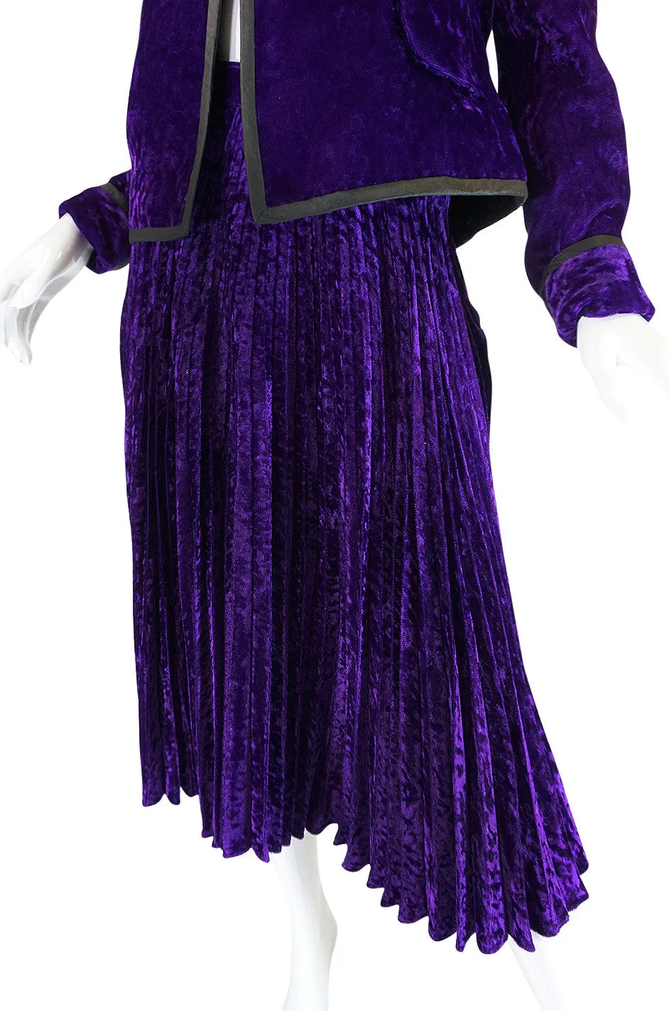 1970s Adolfo Purple Velvet Jacket & Pleated Skirt Suit
