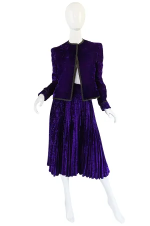 1970s Adolfo Purple Velvet Jacket & Pleated Skirt Suit