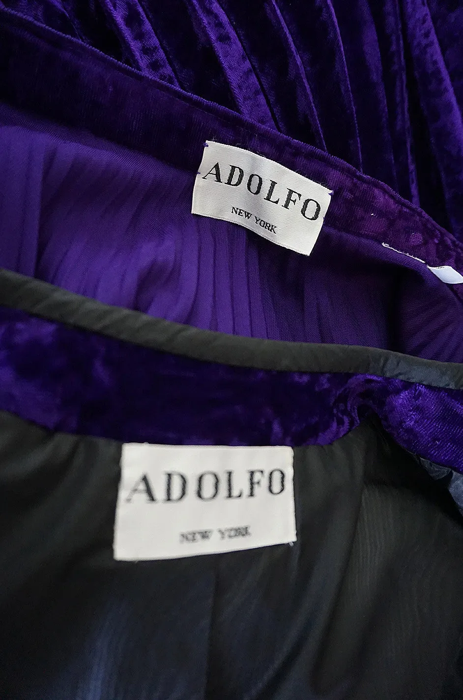 1970s Adolfo Purple Velvet Jacket & Pleated Skirt Suit