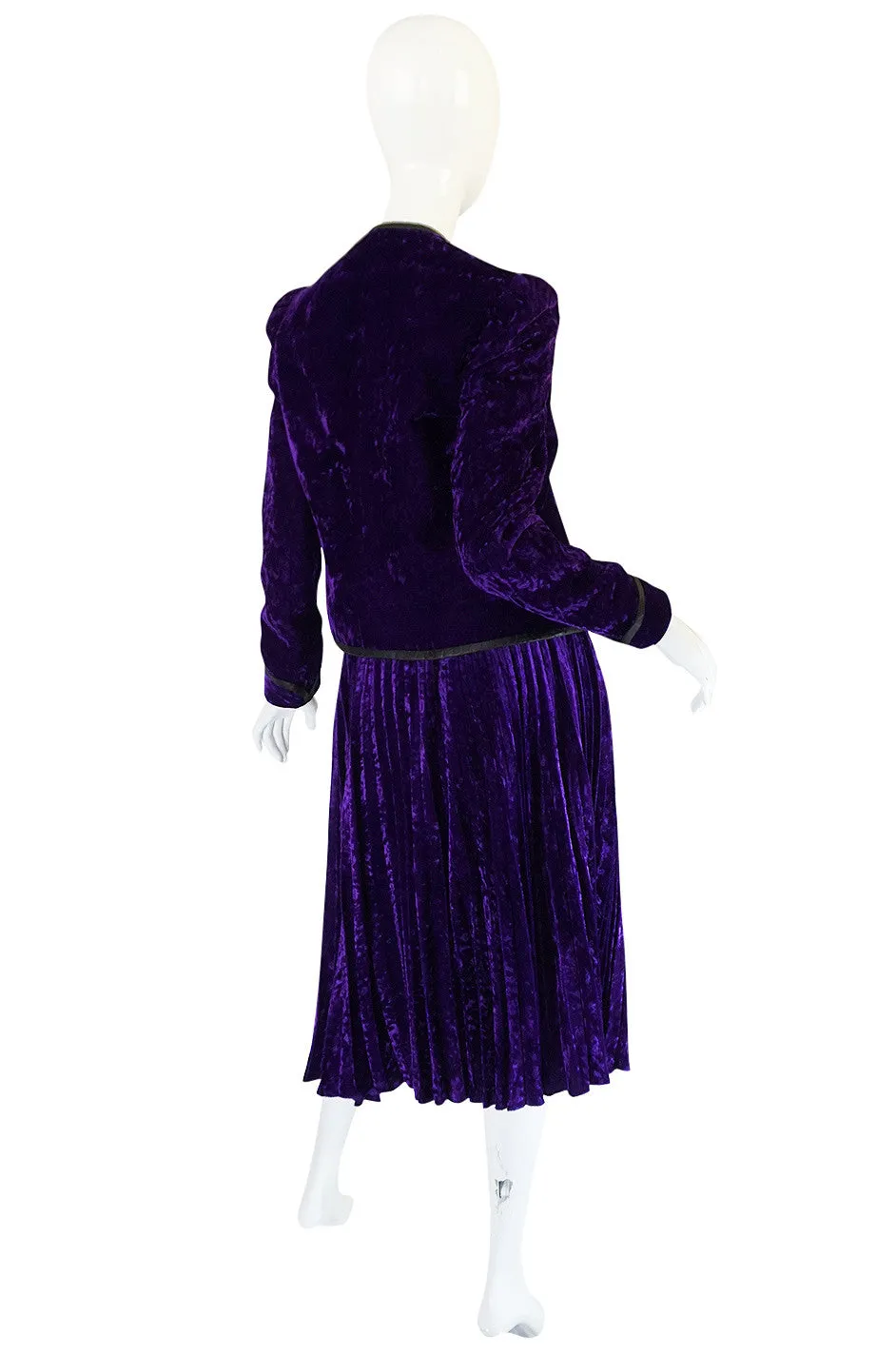 1970s Adolfo Purple Velvet Jacket & Pleated Skirt Suit