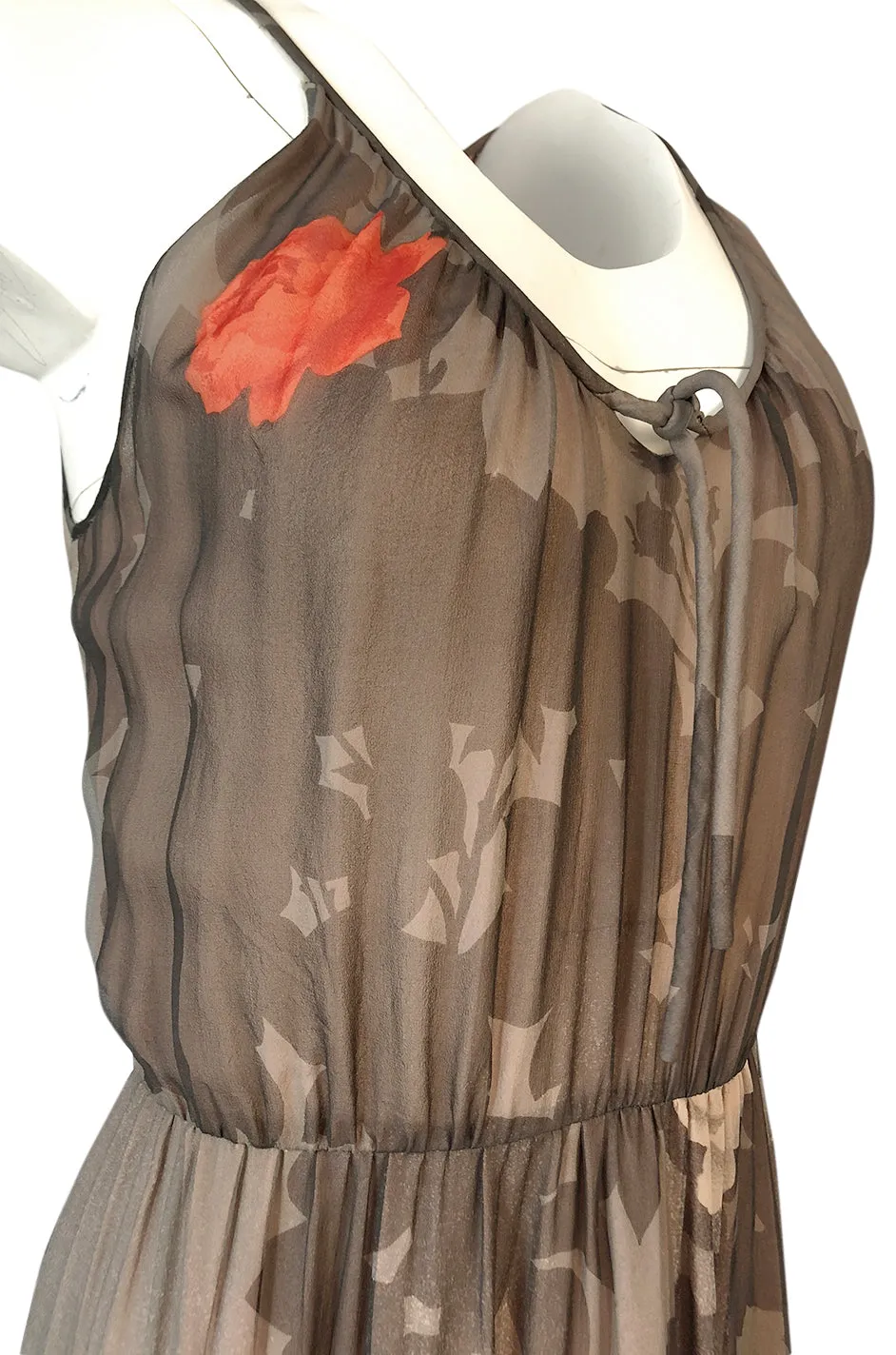 1970s Hanae Mori Sunrise & Large Floral Print Silk Chiffon Halter Dress
