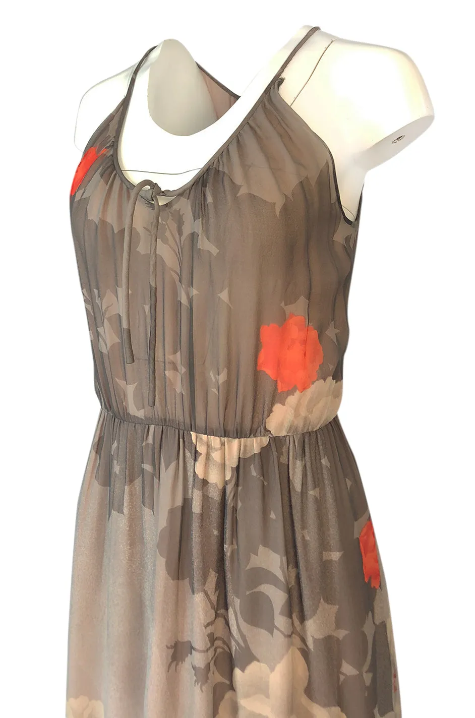 1970s Hanae Mori Sunrise & Large Floral Print Silk Chiffon Halter Dress