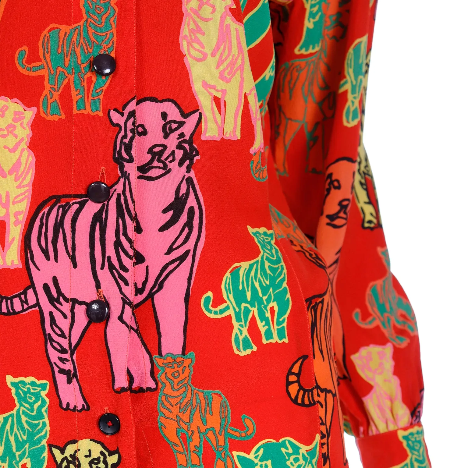 1980s Escada Margaretha Ley Red Tiger Print Silk Pop Art Blouse