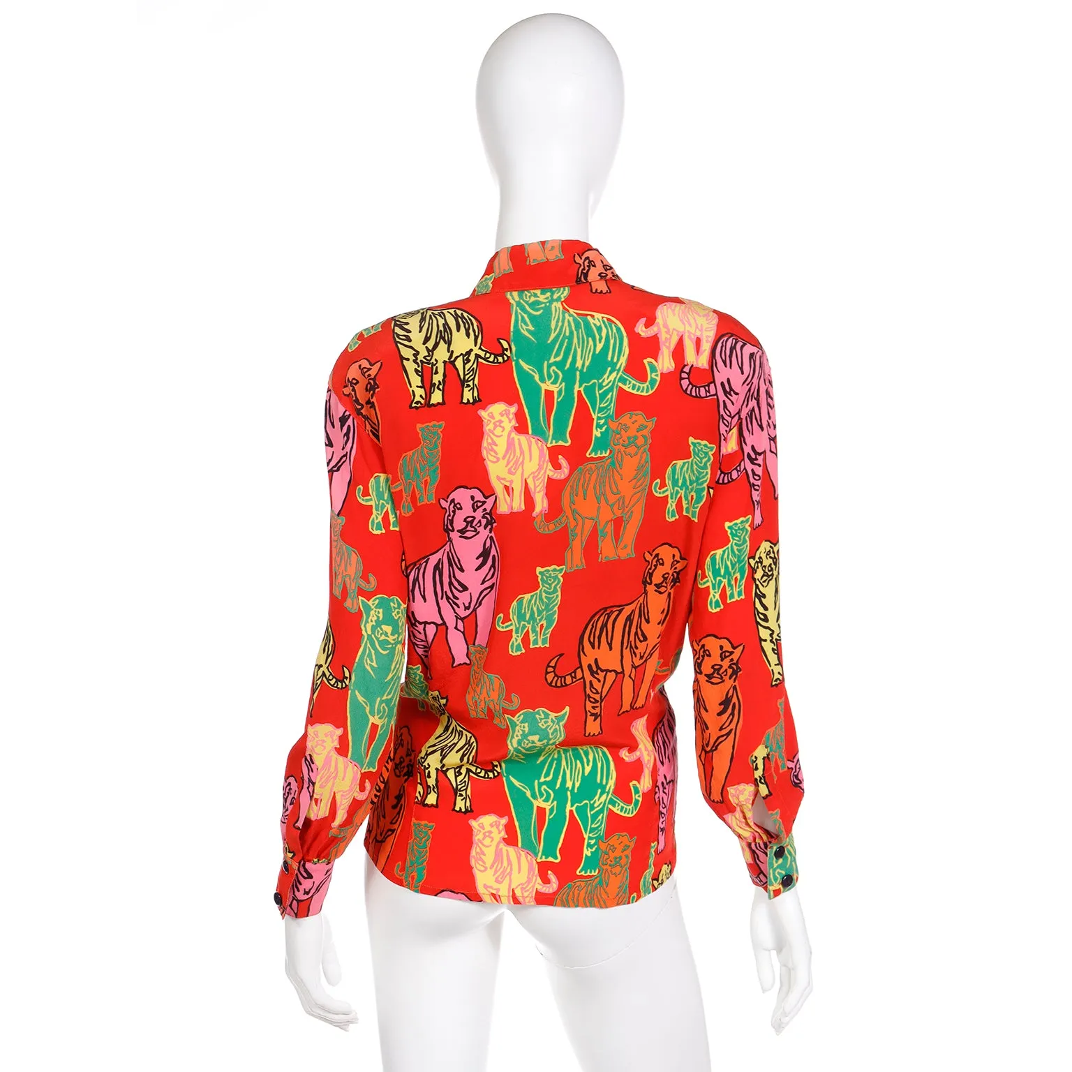 1980s Escada Margaretha Ley Red Tiger Print Silk Pop Art Blouse