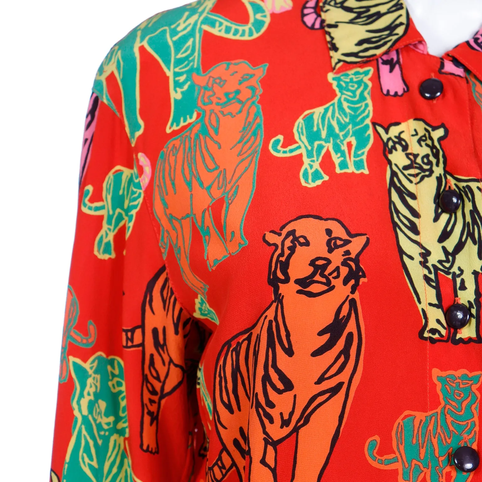 1980s Escada Margaretha Ley Red Tiger Print Silk Pop Art Blouse