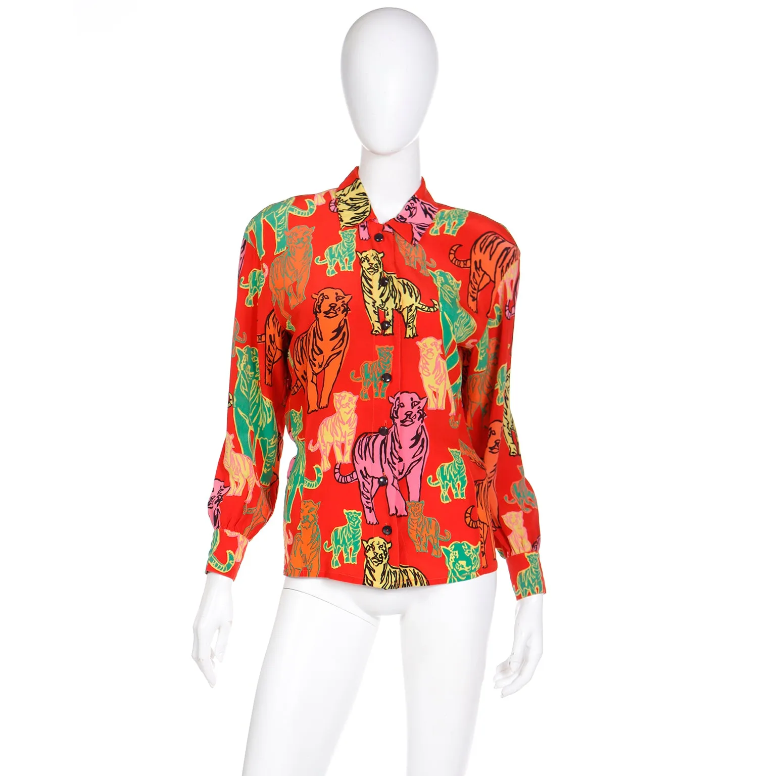 1980s Escada Margaretha Ley Red Tiger Print Silk Pop Art Blouse