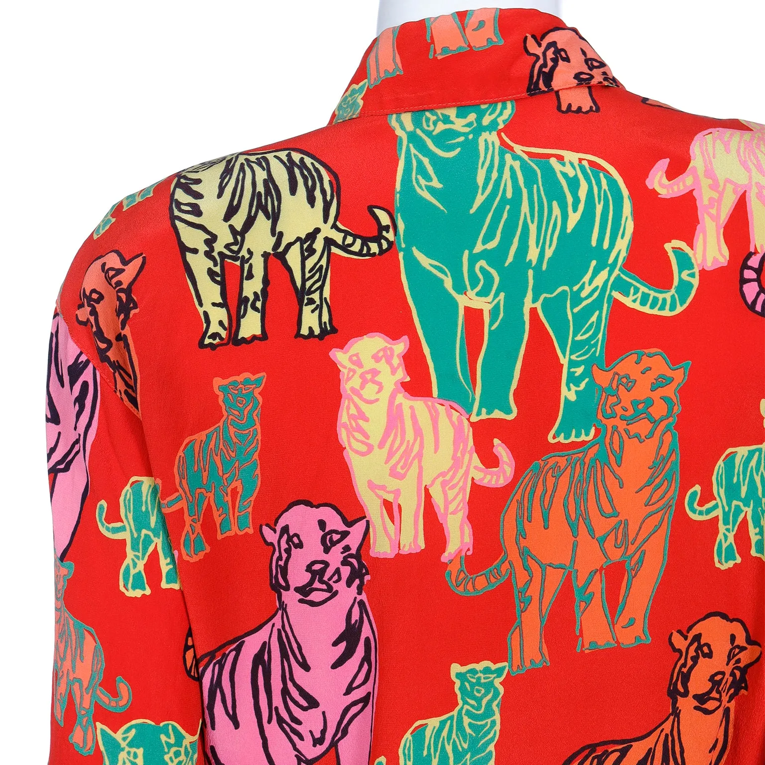 1980s Escada Margaretha Ley Red Tiger Print Silk Pop Art Blouse