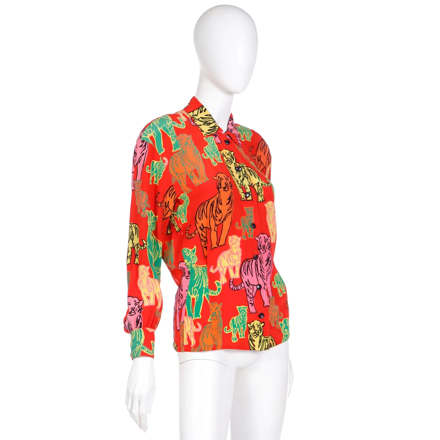 1980s Escada Margaretha Ley Red Tiger Print Silk Pop Art Blouse