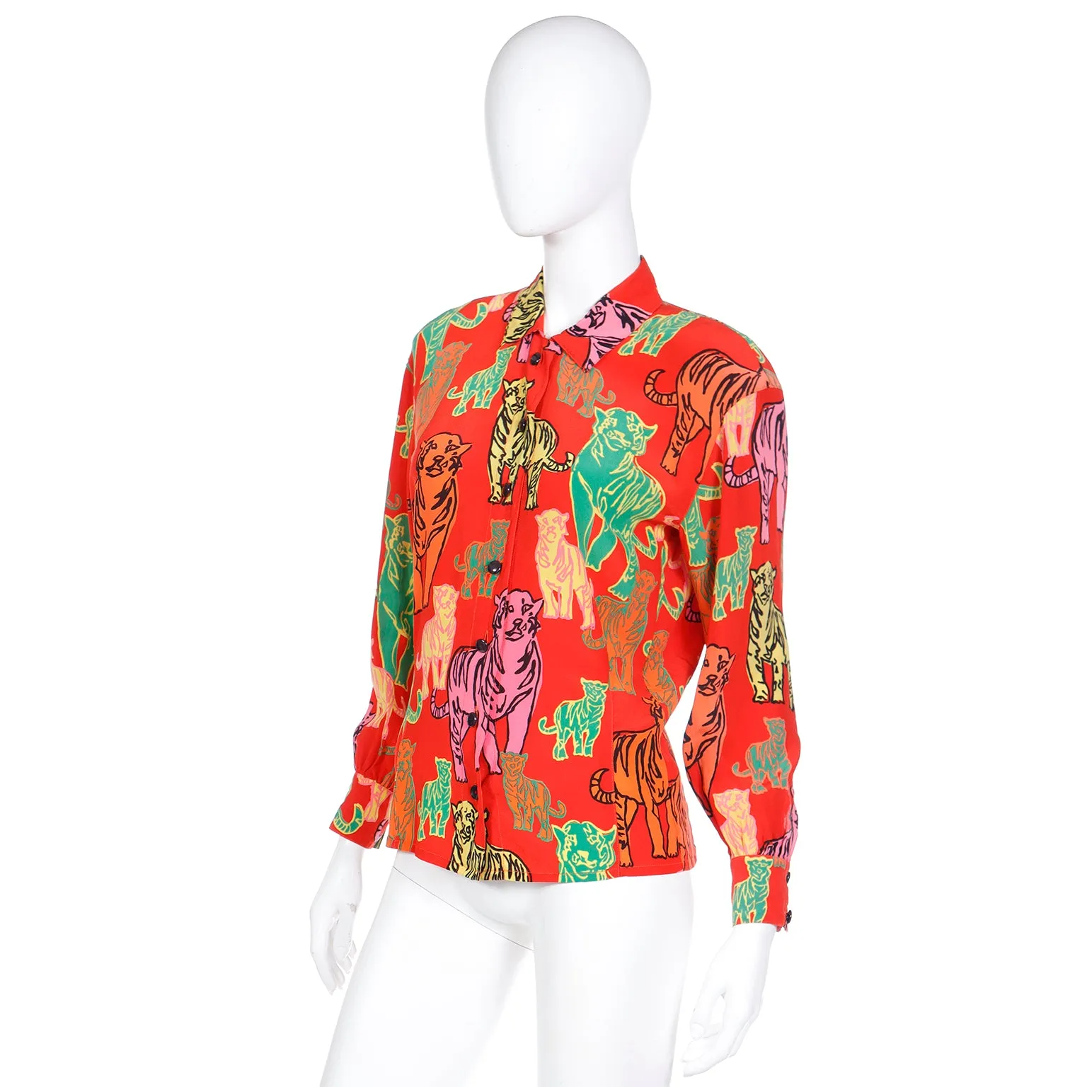 1980s Escada Margaretha Ley Red Tiger Print Silk Pop Art Blouse
