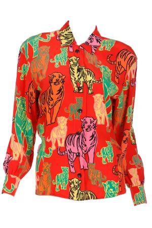 1980s Escada Margaretha Ley Red Tiger Print Silk Pop Art Blouse