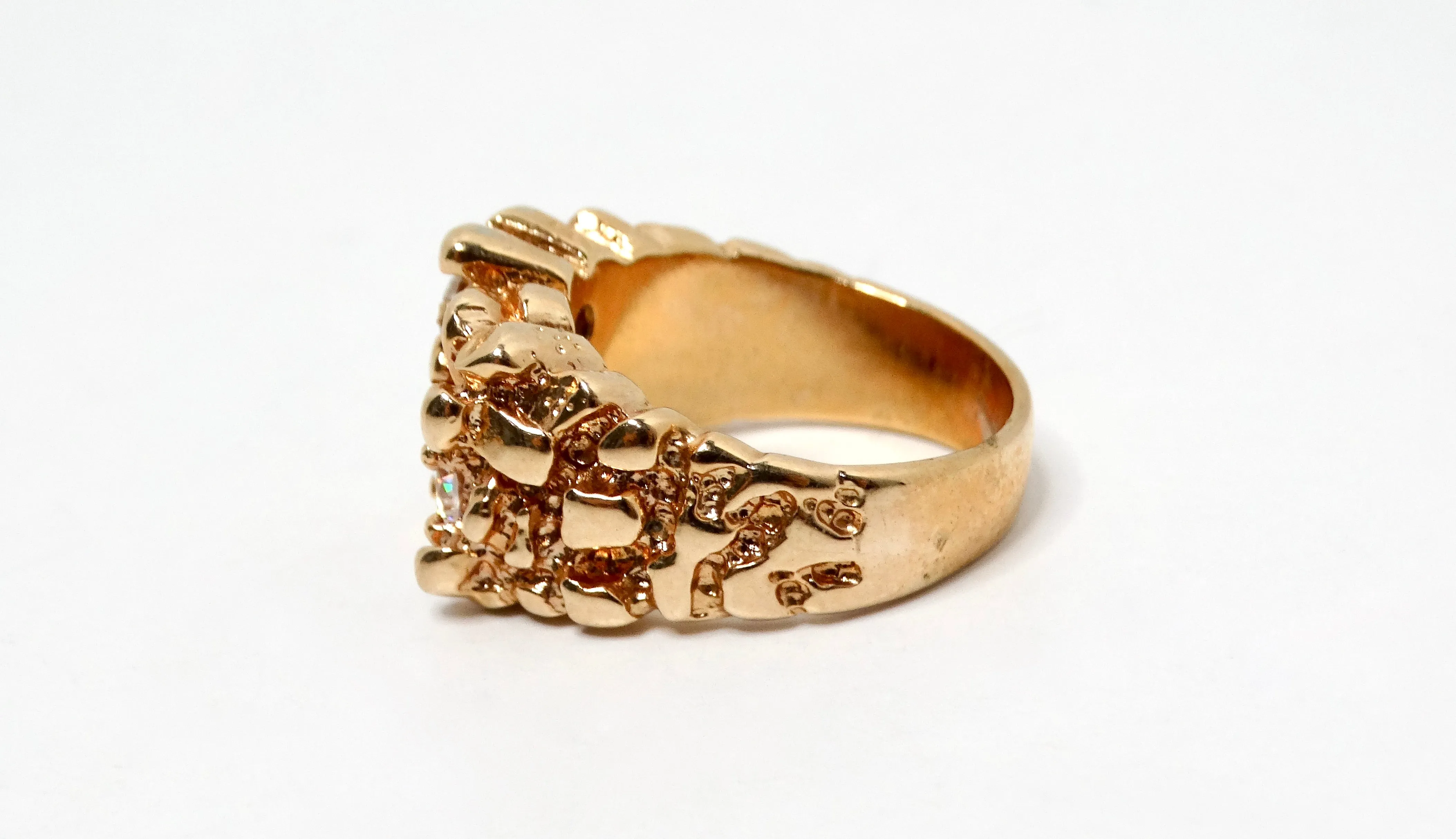 1990s 18k Gold Plated Nugget Large Cocktail Ring With Synthetic Crystals