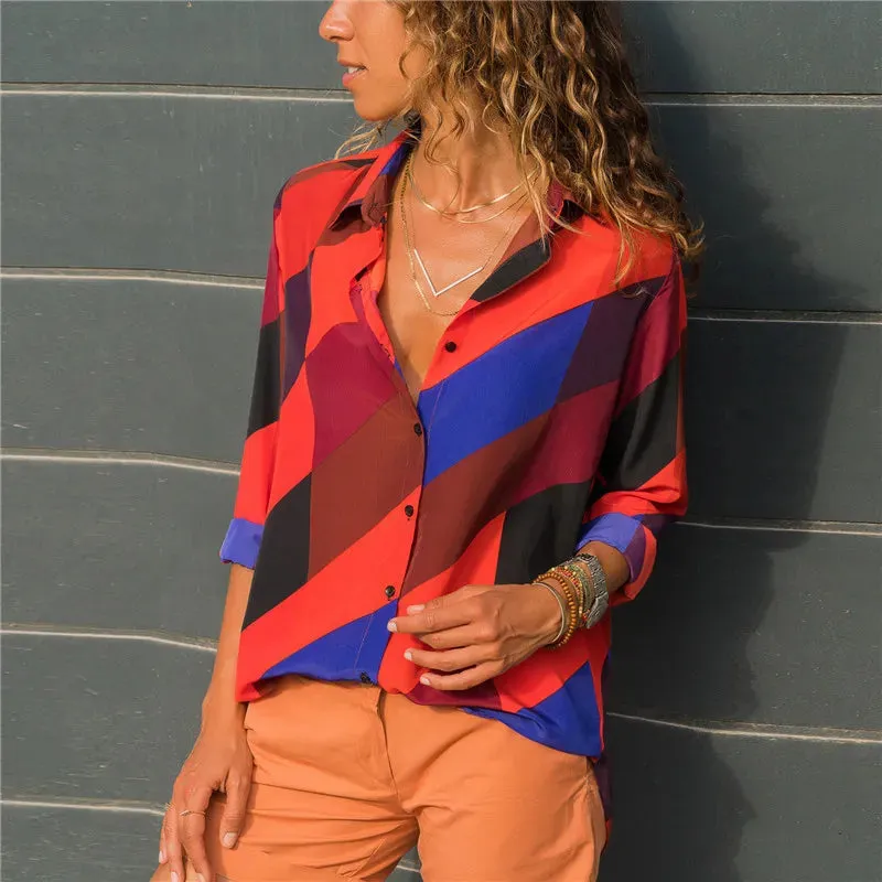 Aachoae Women Blouses Fashion Long Sleeve Turn Down Collar Office Shirt Blouse Shirt Casual Tops Plus Size Blusas Femininas 210402