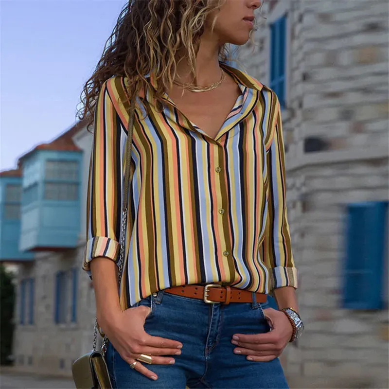 Aachoae Women Blouses Fashion Long Sleeve Turn Down Collar Office Shirt Blouse Shirt Casual Tops Plus Size Blusas Femininas 210402