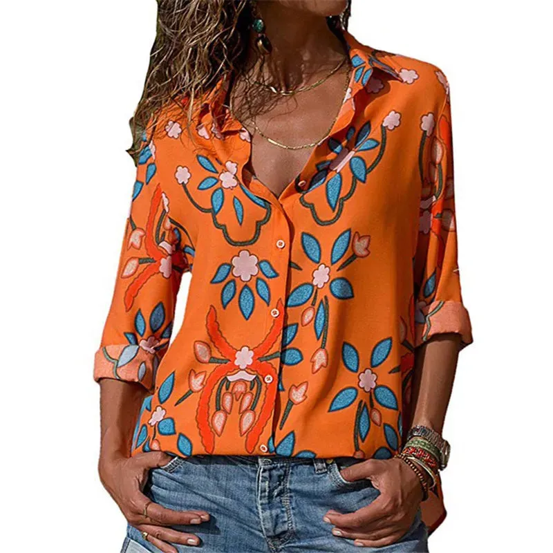 Aachoae Women Blouses Fashion Long Sleeve Turn Down Collar Office Shirt Blouse Shirt Casual Tops Plus Size Blusas Femininas 210402