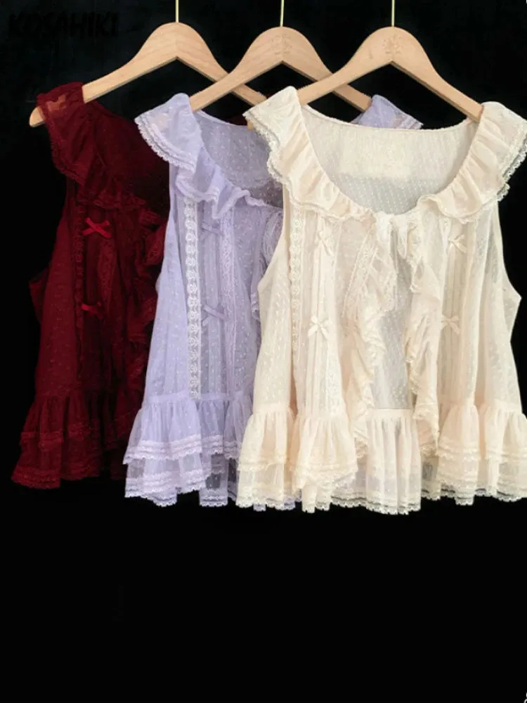 ADVBRIDGE  -  See Through Sweet Lolita Ruffled Tanks Women Summer Y2K Aesthetic Lace Bandage Tank Top Harajuku Bow Grunge Camisoles