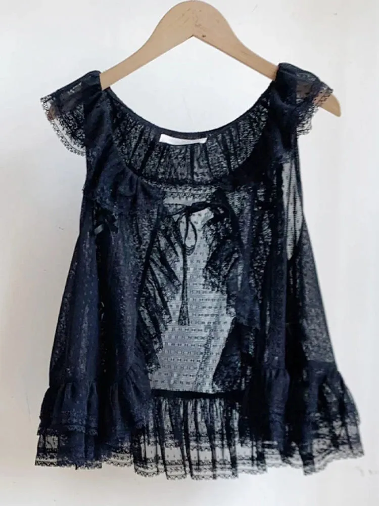 ADVBRIDGE  -  See Through Sweet Lolita Ruffled Tanks Women Summer Y2K Aesthetic Lace Bandage Tank Top Harajuku Bow Grunge Camisoles
