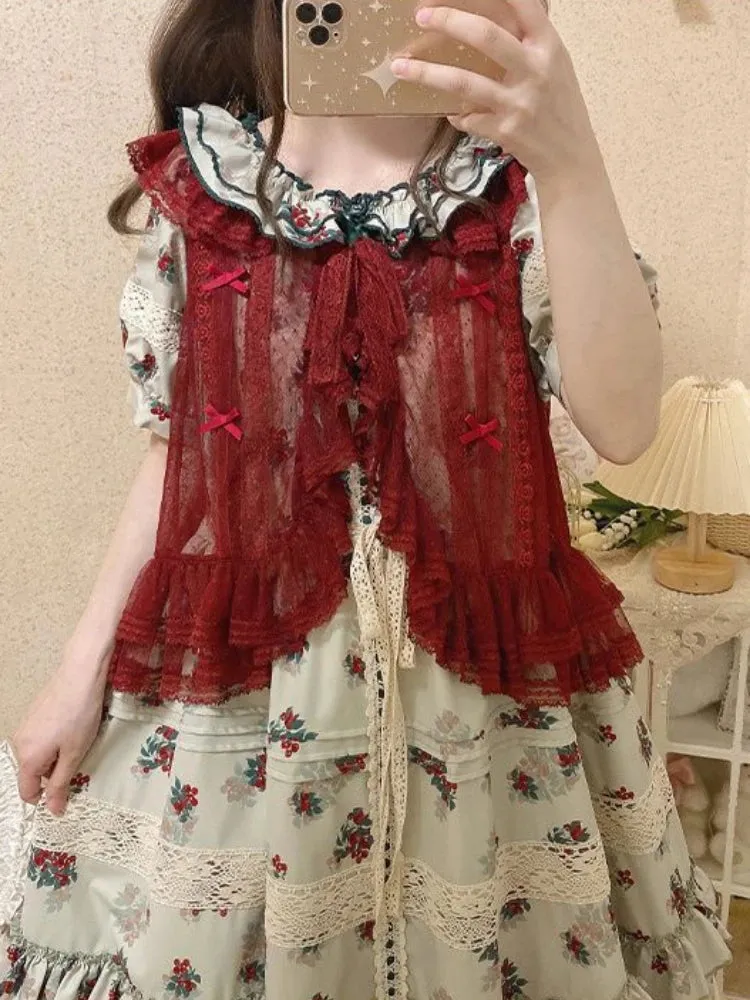ADVBRIDGE  -  See Through Sweet Lolita Ruffled Tanks Women Summer Y2K Aesthetic Lace Bandage Tank Top Harajuku Bow Grunge Camisoles