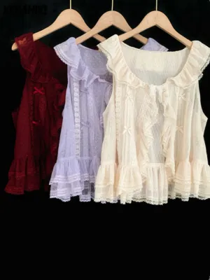 ADVBRIDGE  -  See Through Sweet Lolita Ruffled Tanks Women Summer Y2K Aesthetic Lace Bandage Tank Top Harajuku Bow Grunge Camisoles