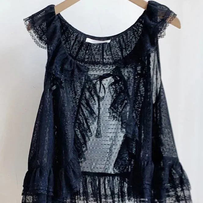 ADVBRIDGE  -  See Through Sweet Lolita Ruffled Tanks Women Summer Y2K Aesthetic Lace Bandage Tank Top Harajuku Bow Grunge Camisoles