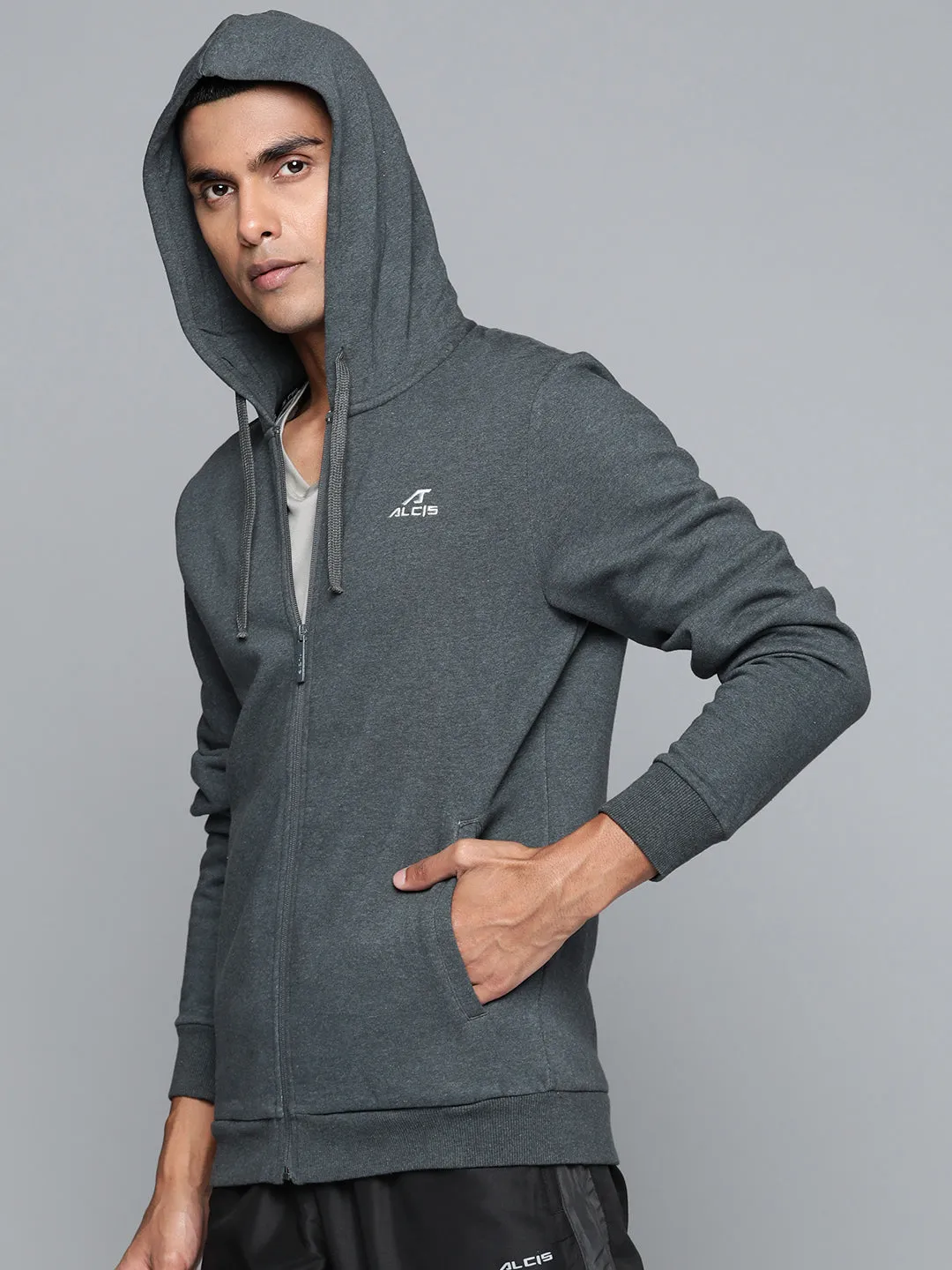 Alcis Men Grey Solid Cotton Hooded Sweatshirt