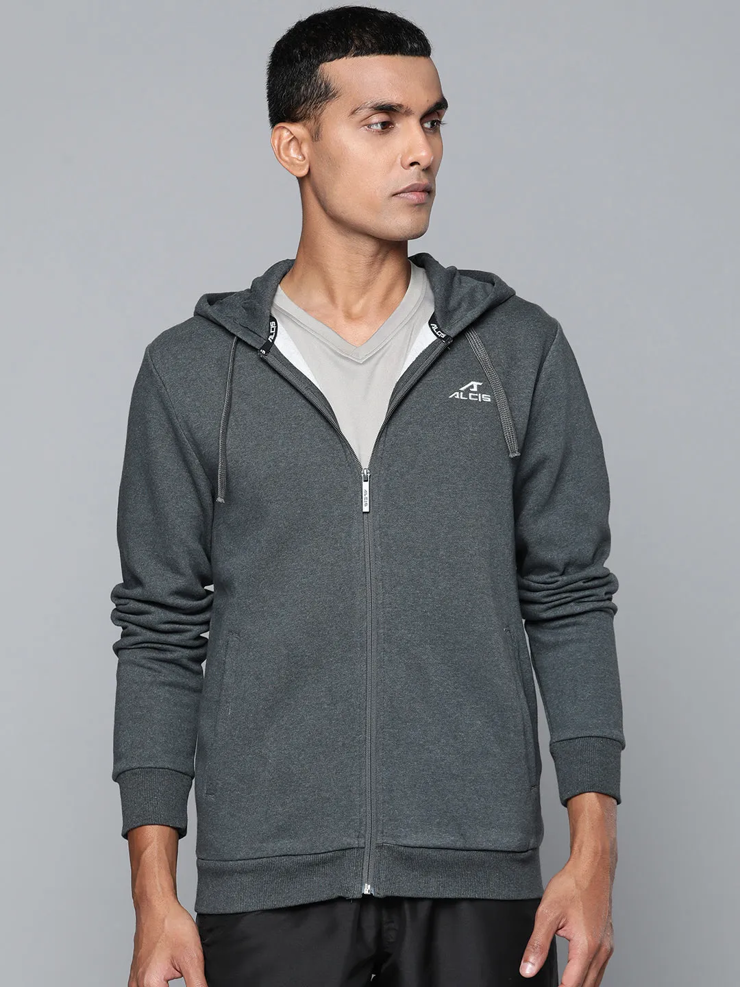 Alcis Men Grey Solid Cotton Hooded Sweatshirt