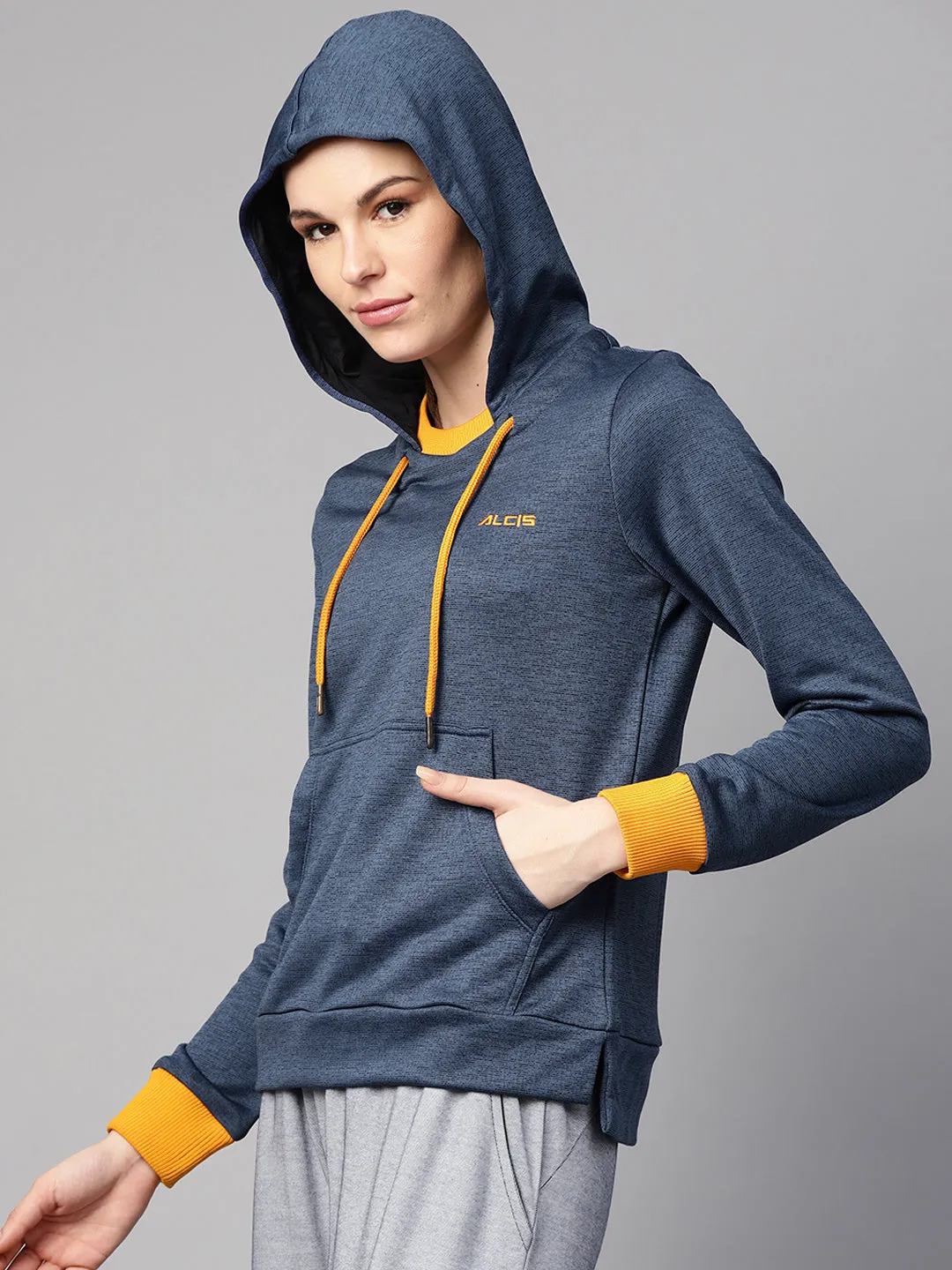 Alcis Women Navy Blue Self Design Hooded Sweatshirt