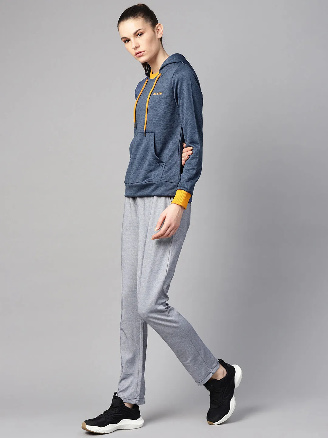Alcis Women Navy Blue Self Design Hooded Sweatshirt