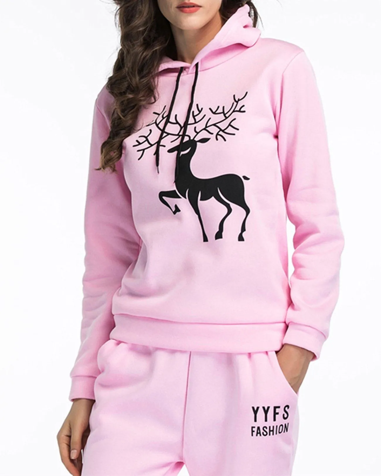 Antlers Print Christmas Hooded Sweatshirts - Pink