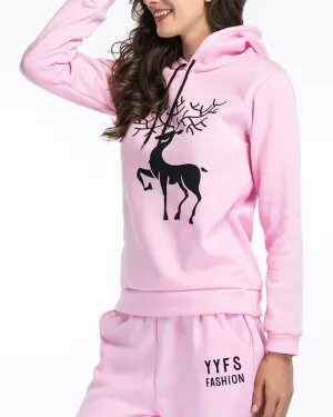 Antlers Print Christmas Hooded Sweatshirts - Pink