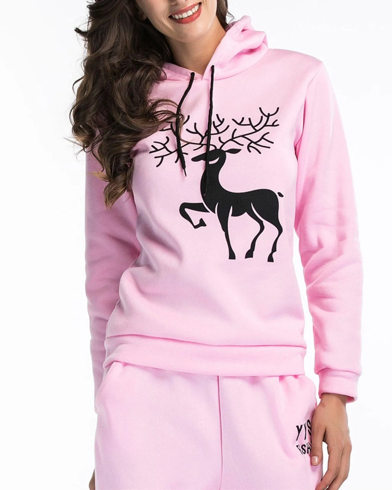 Antlers Print Christmas Hooded Sweatshirts - Pink