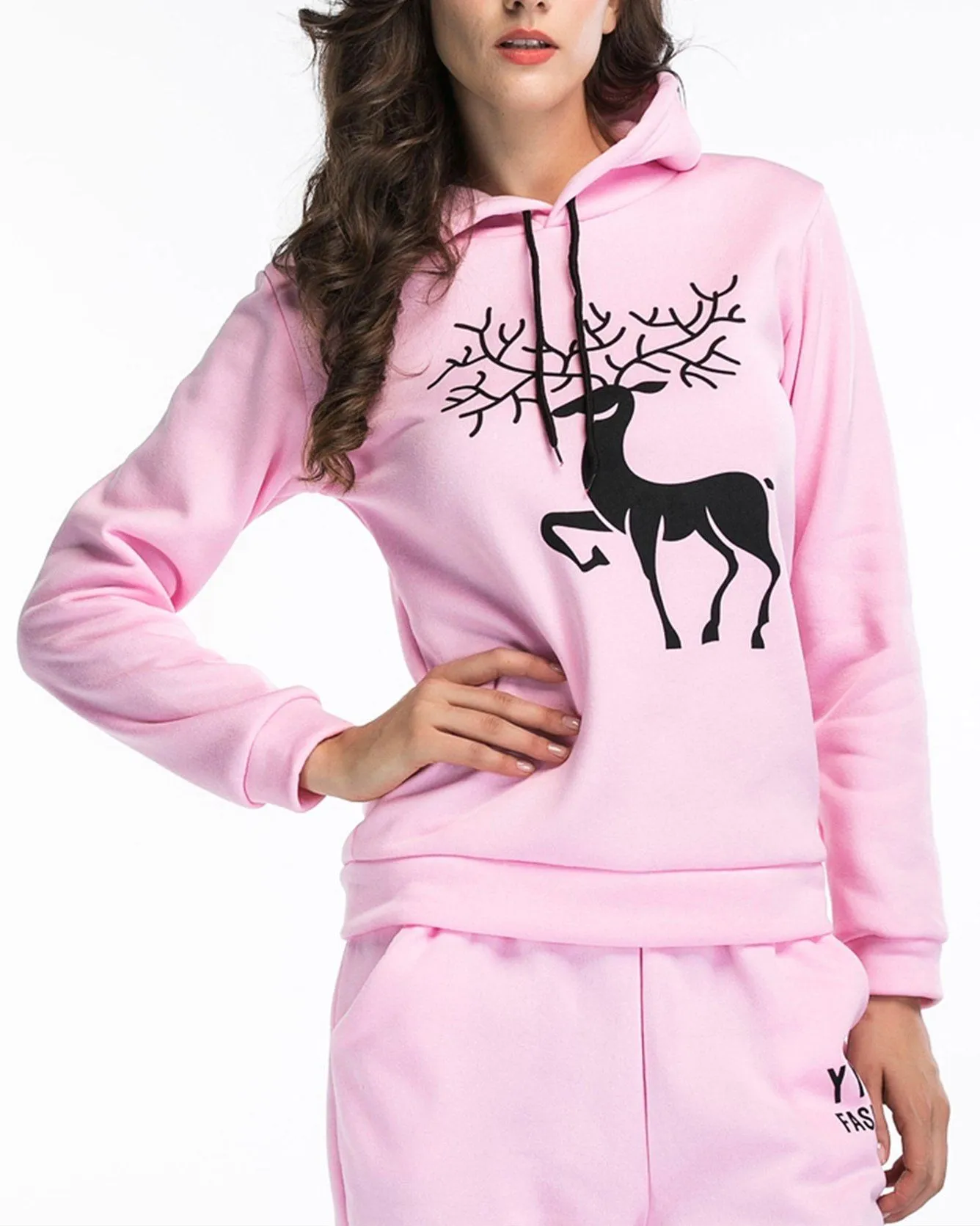 Antlers Print Christmas Hooded Sweatshirts - Pink