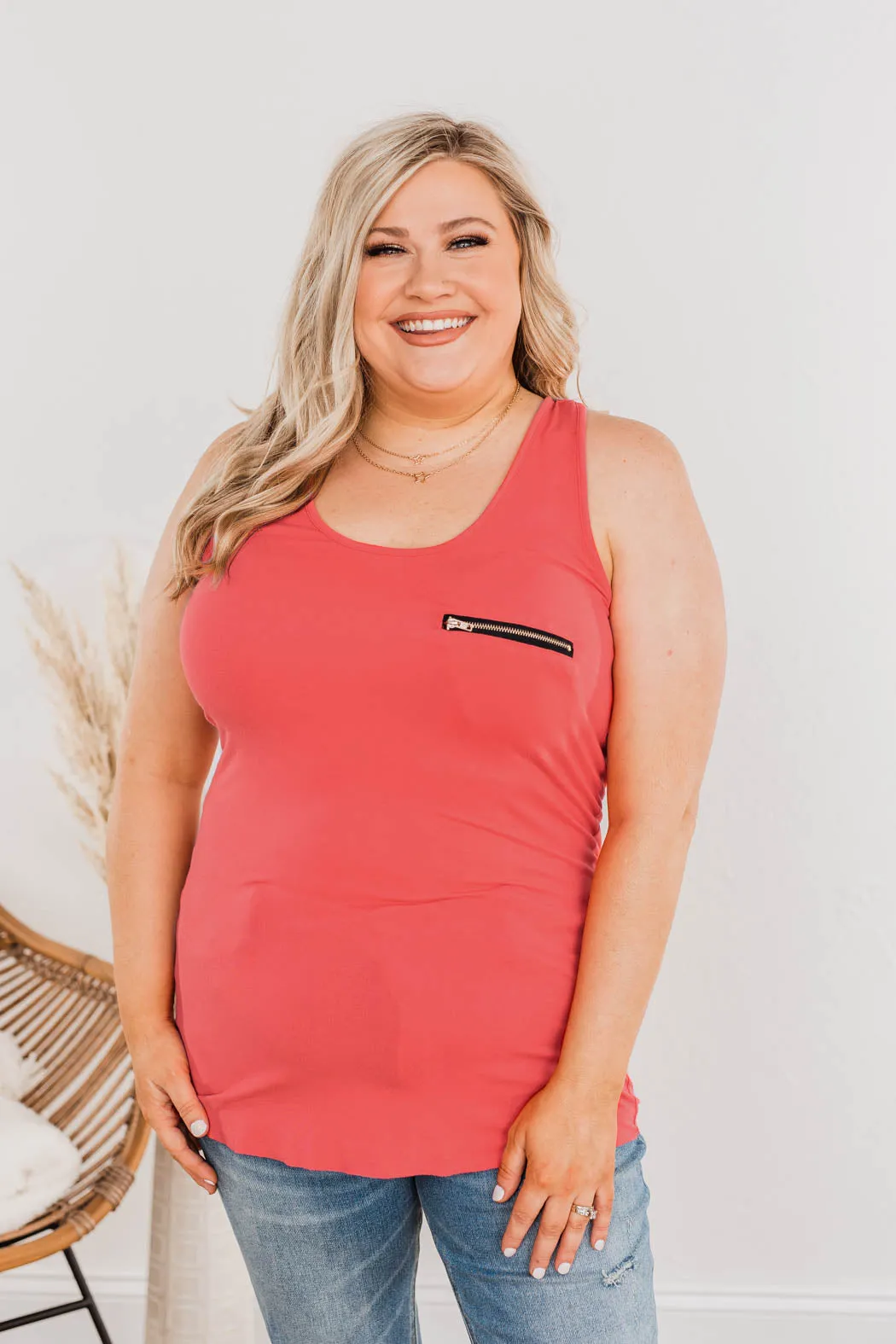 Basic Zipper Pocket Tank- Coral