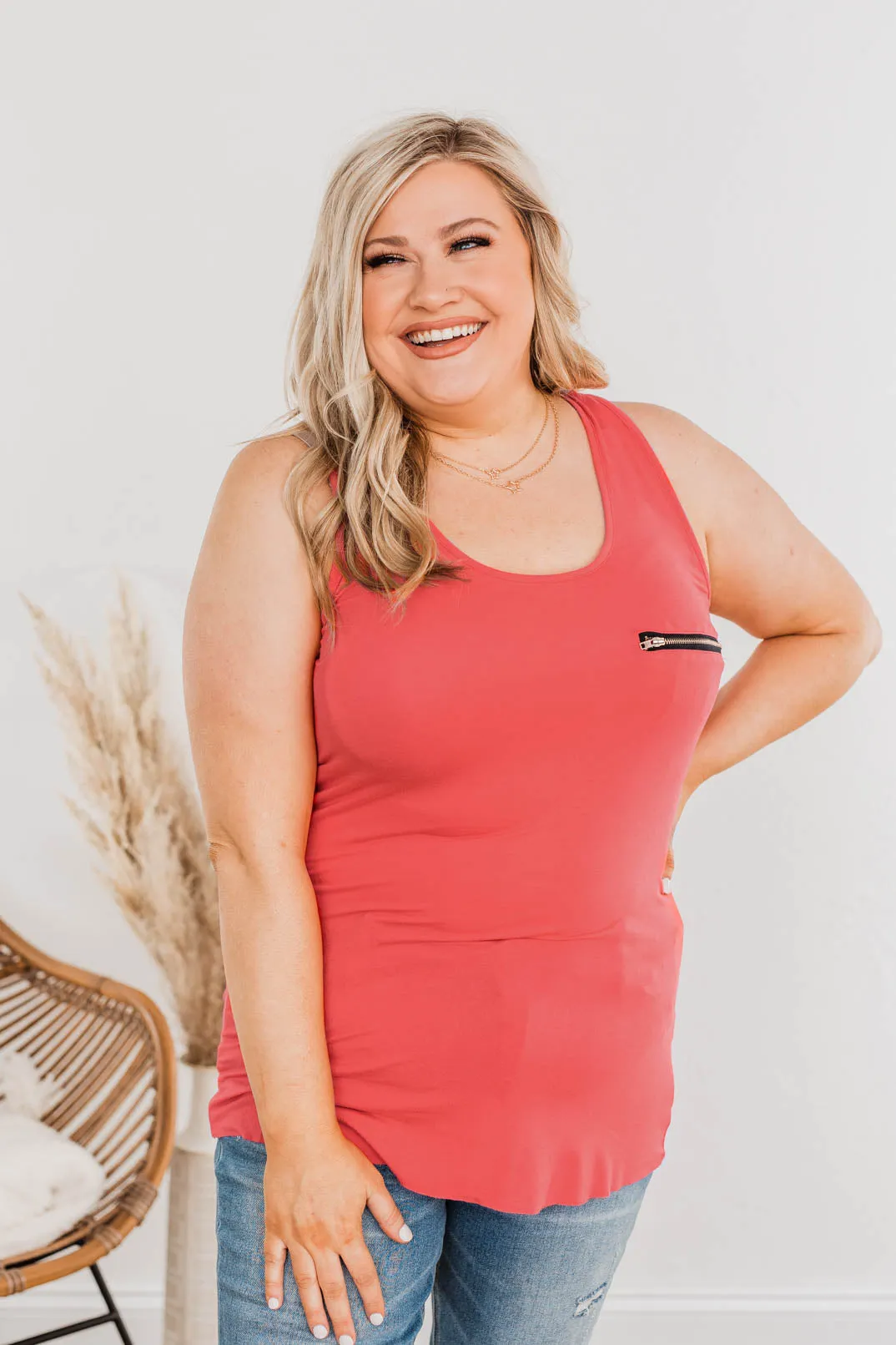 Basic Zipper Pocket Tank- Coral