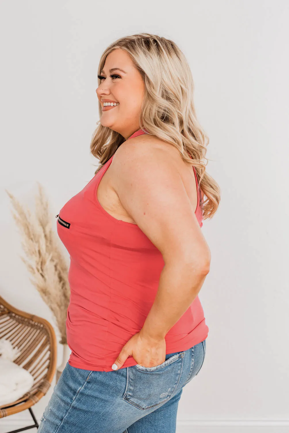 Basic Zipper Pocket Tank- Coral