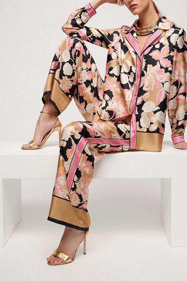 BENGALA PINK BLACK FLORAL PRINT SILK BLOUSE