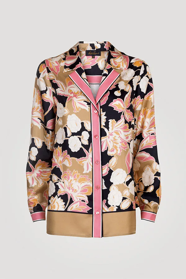 BENGALA PINK BLACK FLORAL PRINT SILK BLOUSE