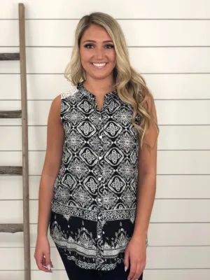 Black and White Mixed Print Sleeveless Blouse