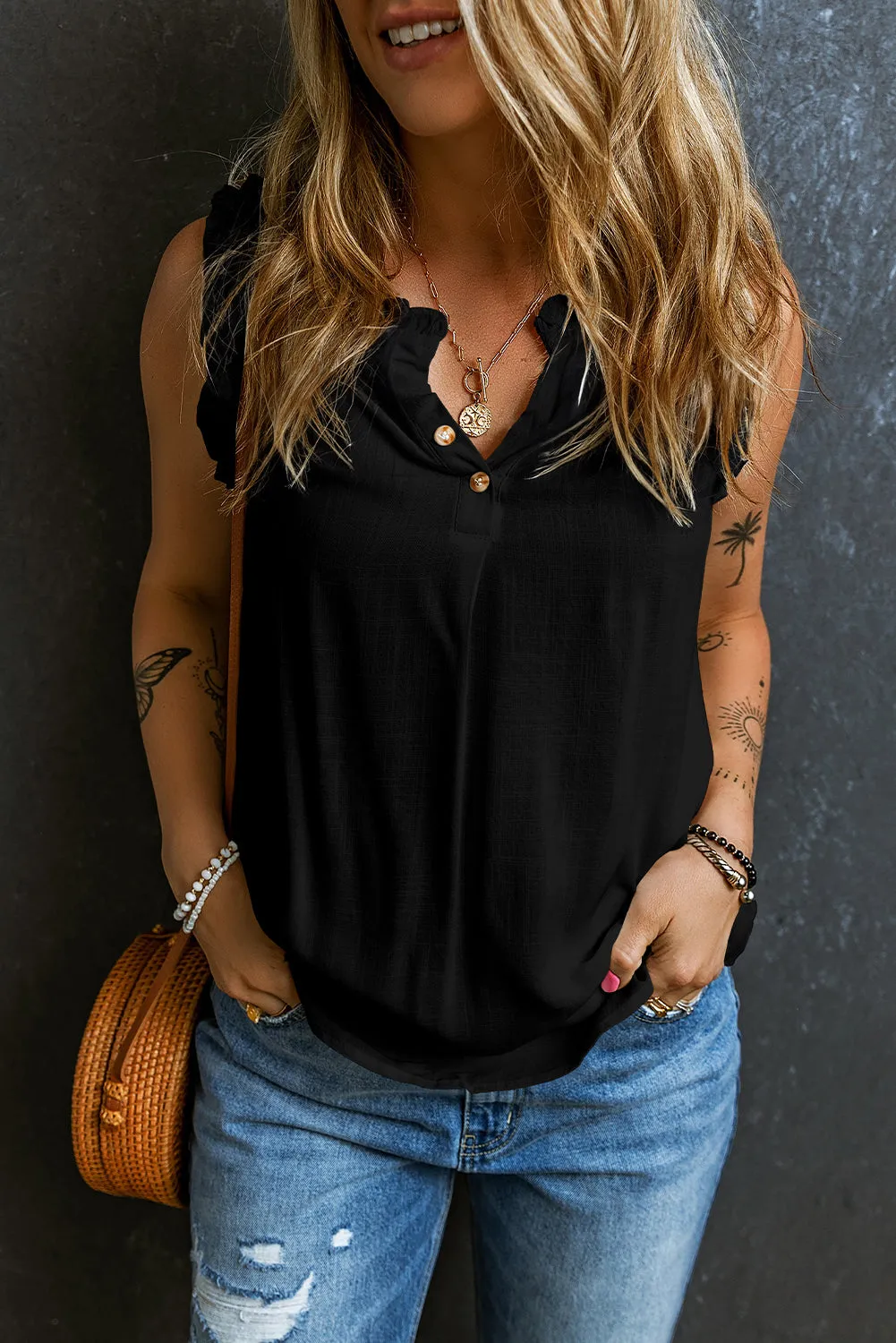 Black Button Split Neck Frilly Detail Sleeveless Top