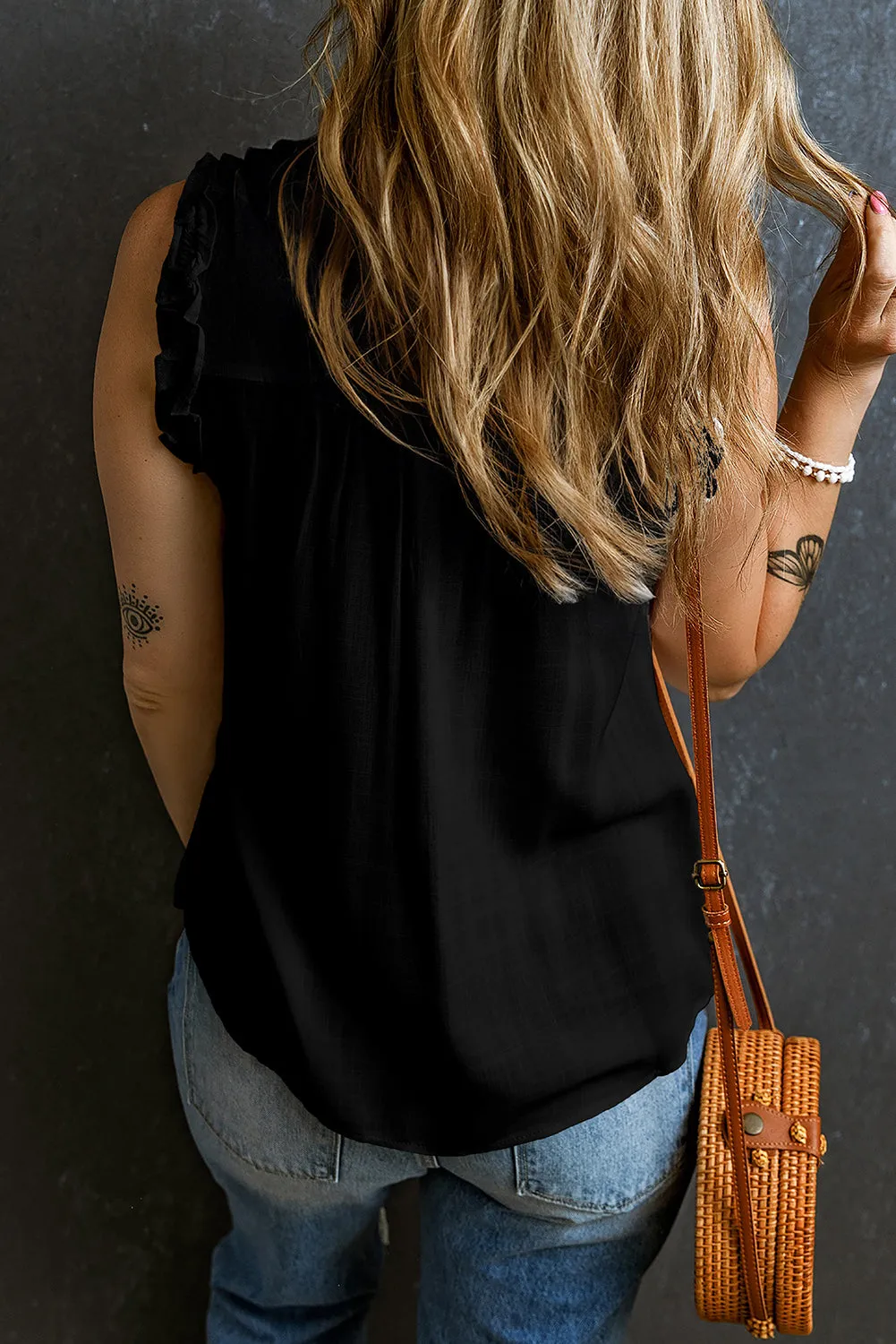 Black Button Split Neck Frilly Detail Sleeveless Top