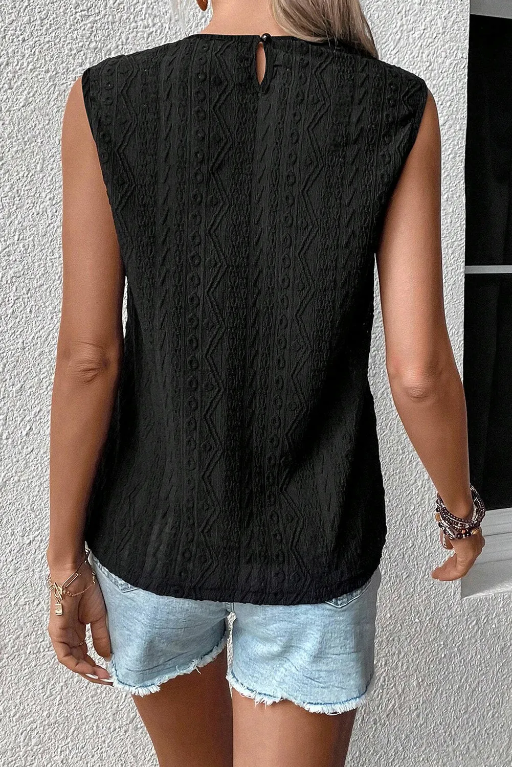 Black Button Split Neck Frilly Detail Sleeveless Top
