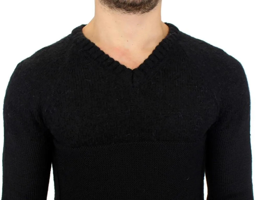 Black knitted wool V-neck sweater