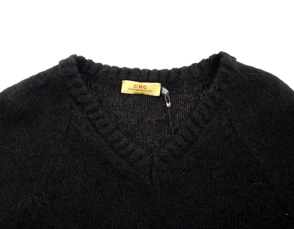 Black knitted wool V-neck sweater