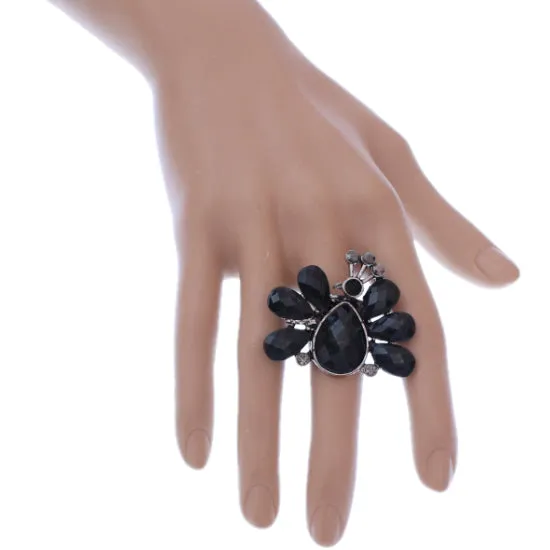 Black Large Beaded Peacock Adjustable Ring