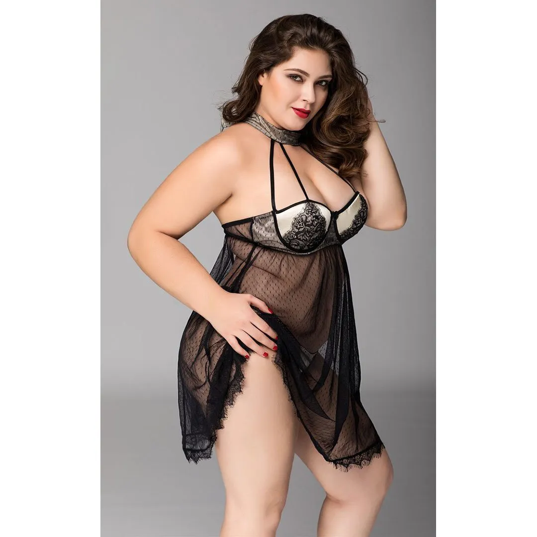 Black Sheer Lace Babydoll - Queen Size
