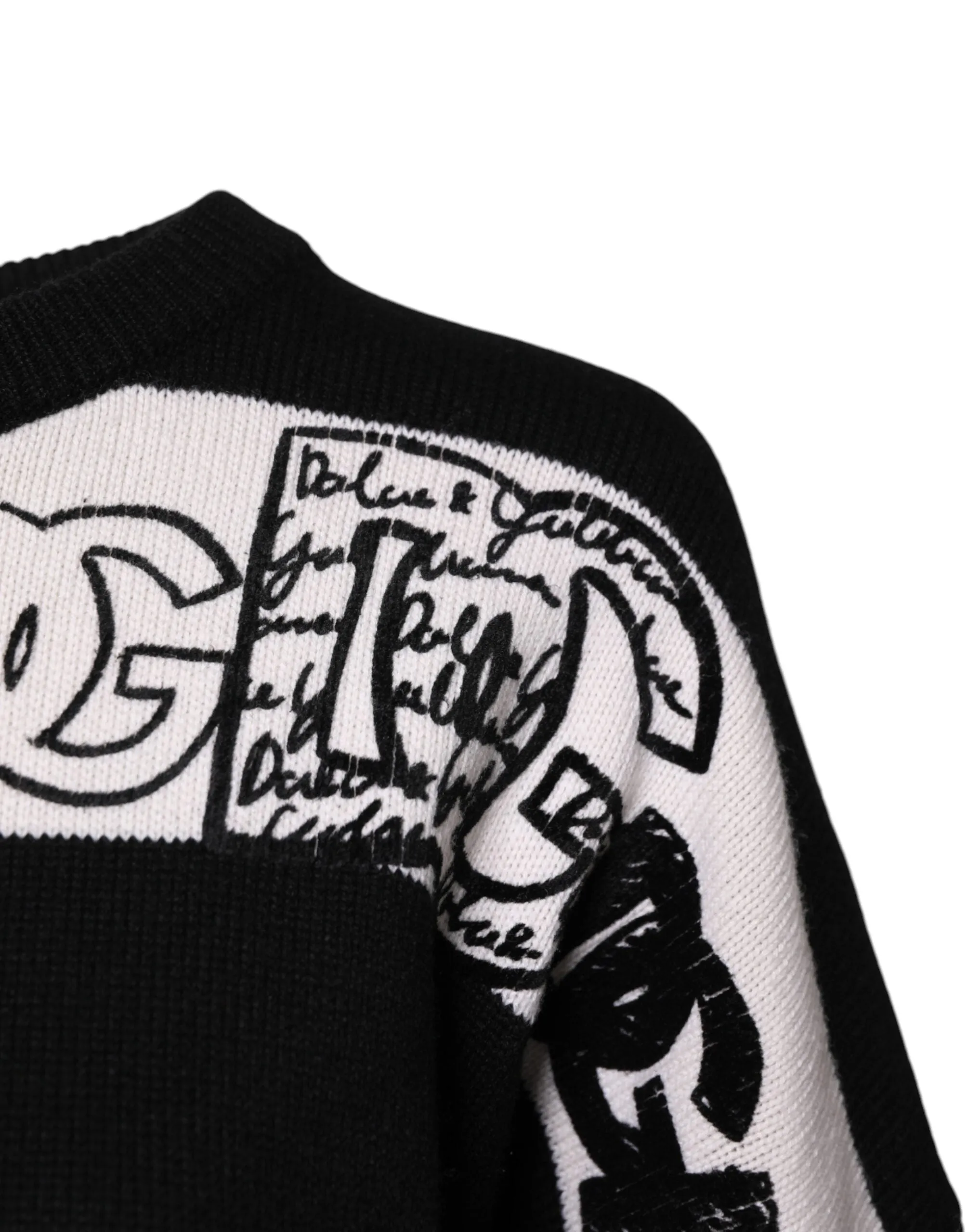 Black White Logo Print Wool Pullover Sweater
