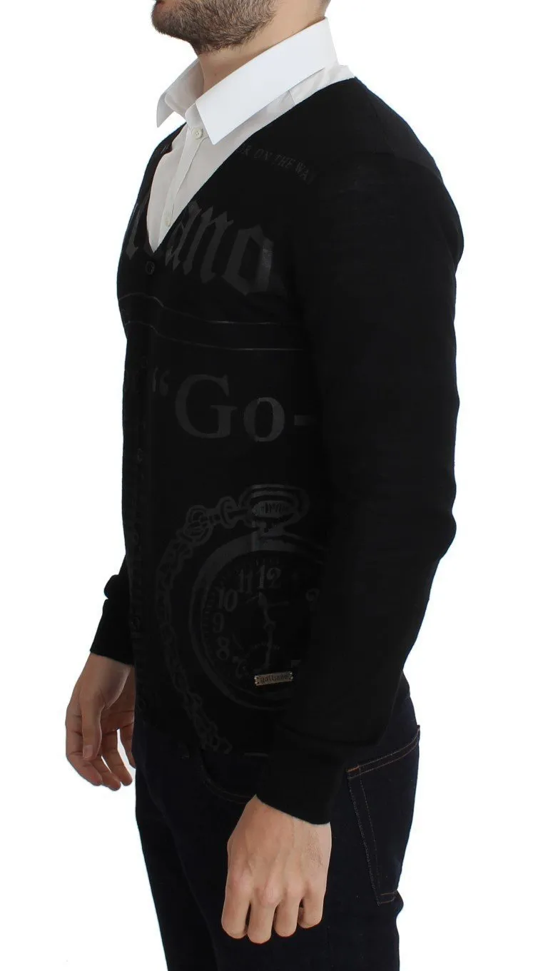 Black Wool Button Down Logo Cardigan