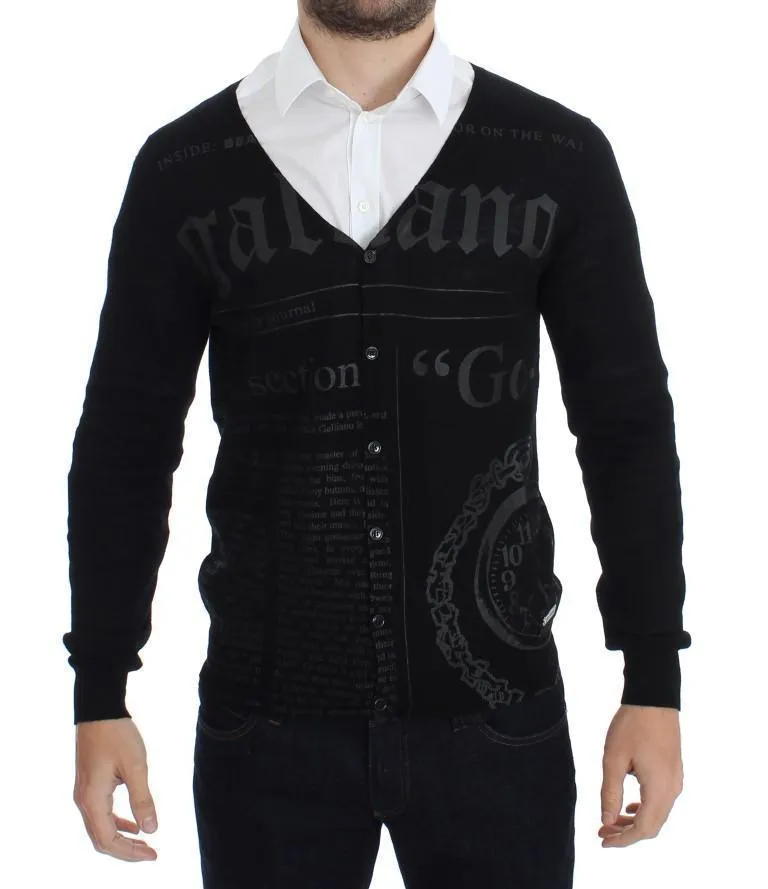 Black Wool Button Down Logo Cardigan